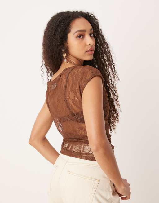 ASOS DESIGN sheer lace off shoulder ruched side top in brown, 4 of 4