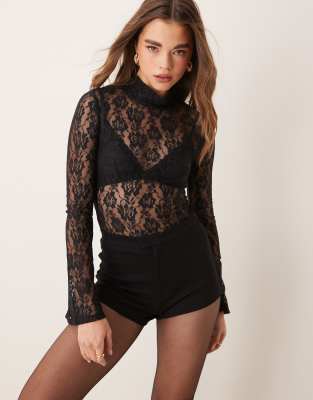 sheer lace roll neck with flare sleeve in black