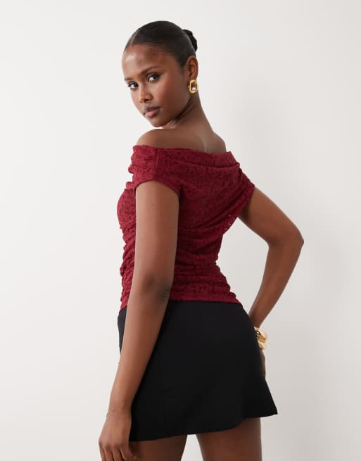 ASOS DESIGN sheer lace ruched asym top in dark red, 2 of 4