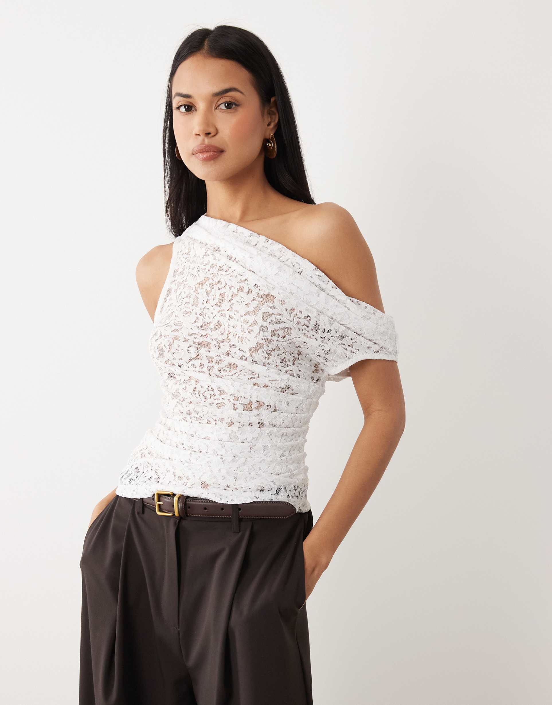 asos design sheer lace ruched asymmetric top in white