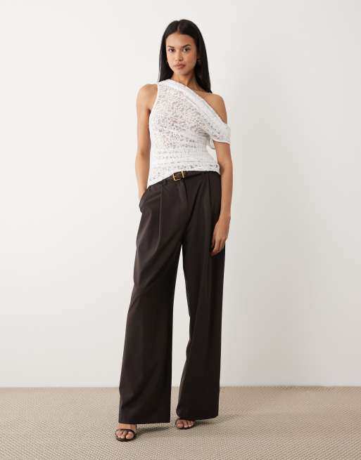 ASOS DESIGN sheer lace ruched asymmetric top in white, 2 of 4