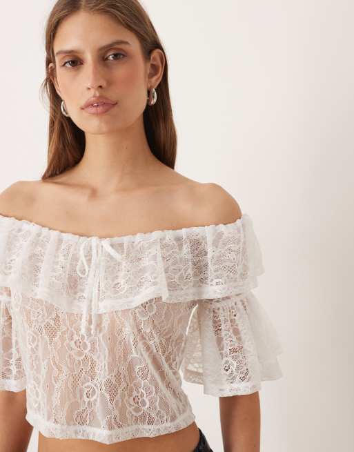 ASOS DESIGN sheer lace ruffle bardot crop top in ivory, 4 of 4
