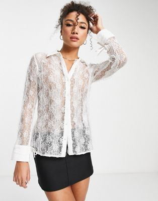 ASOS DESIGN sheer lace shirt with tie cuff detail in white