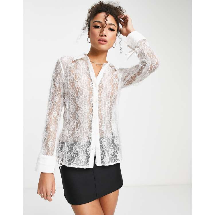 White Lace Sheer Bow Neck Shirt