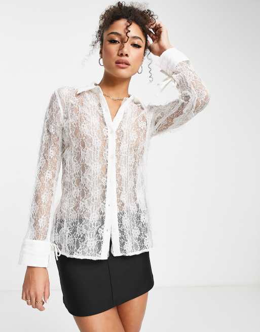 Topshop long sleeve sheer lace top in ivory