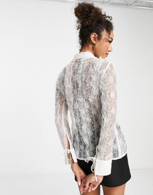 ASOS DESIGN sheer lace shirt with tie cuff detail in white