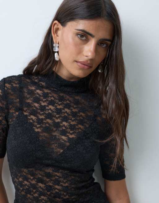 ASOS DESIGN sheer lace short sleeve boxy high neck top in black, 4 of 5