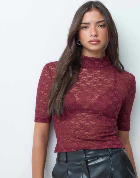 ASOS DESIGN sheer lace short sleeve boxy high neck top in wine