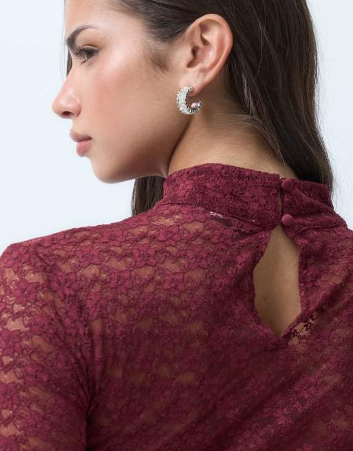 ASOS DESIGN sheer lace short sleeve boxy high neck top in wine, 2 of 5