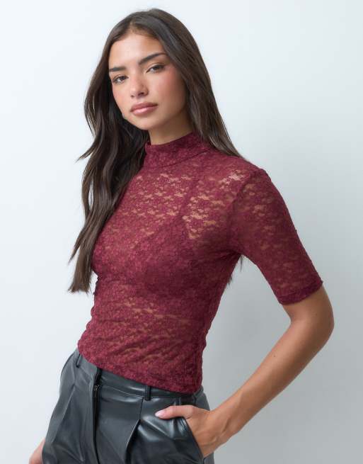 ASOS DESIGN sheer lace short sleeve boxy high neck top in wine, 3 of 5