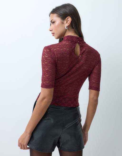 ASOS DESIGN sheer lace short sleeve boxy high neck top in wine, 5 of 5