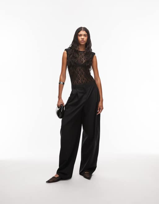 ASOS DESIGN sheer lace shoulder pad bodysuit in black, 3 of 4