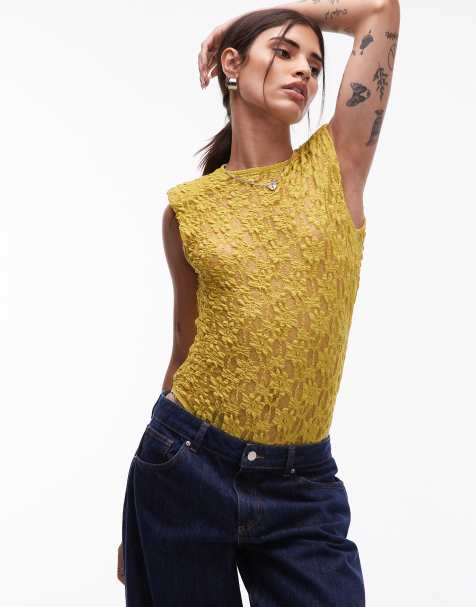 ASOS DESIGN sheer lace shoulder pad bodysuit in olive green - view 1