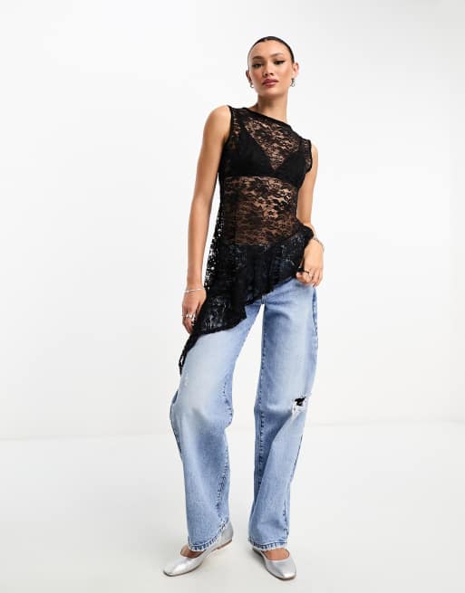 ASOS DESIGN sheer lace slash neck asymmetric hem frill top in black