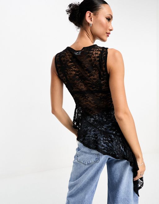 sheer frill black lace tops