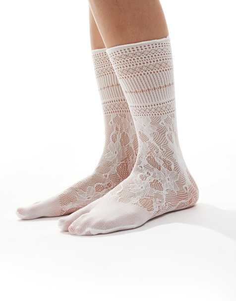 ASOS DESIGN sheer lace split toe socks in white - view 1