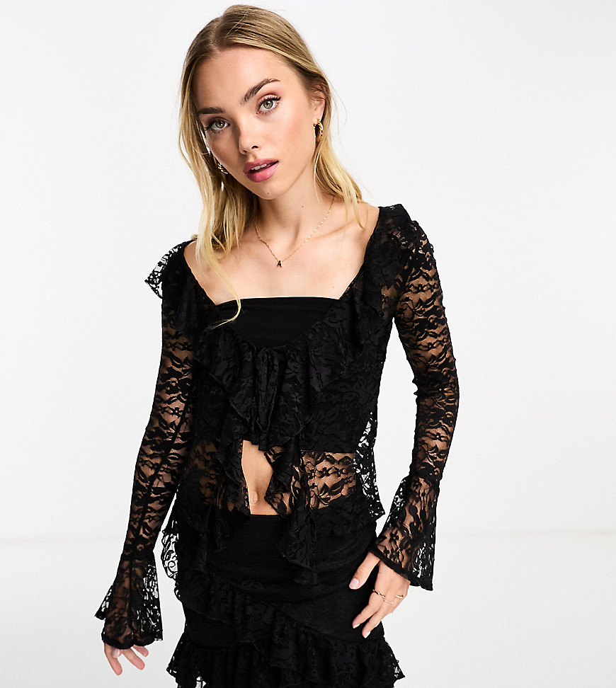ASOS DESIGN sheer lace tie front frill top co ord in black