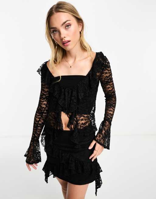 ASOS DESIGN sheer lace tie front frill top co ord in black