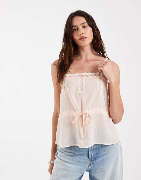 ASOS DESIGN sheer lace trim cami with flower detail in pastel - view 1