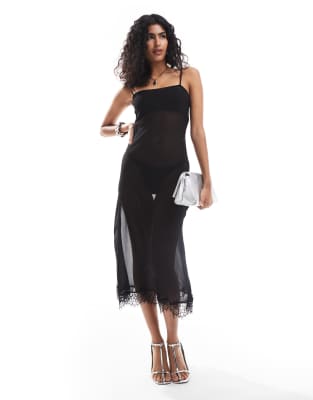 Asos Design Sheer Lace Trim Chiffon Maxi Dress In Black
