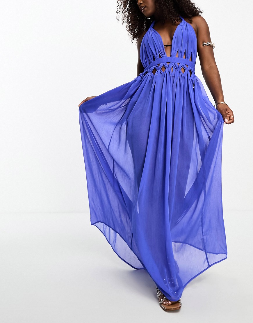 ASOS DESIGN sheer lattice maxi beach dress in cobalt blue