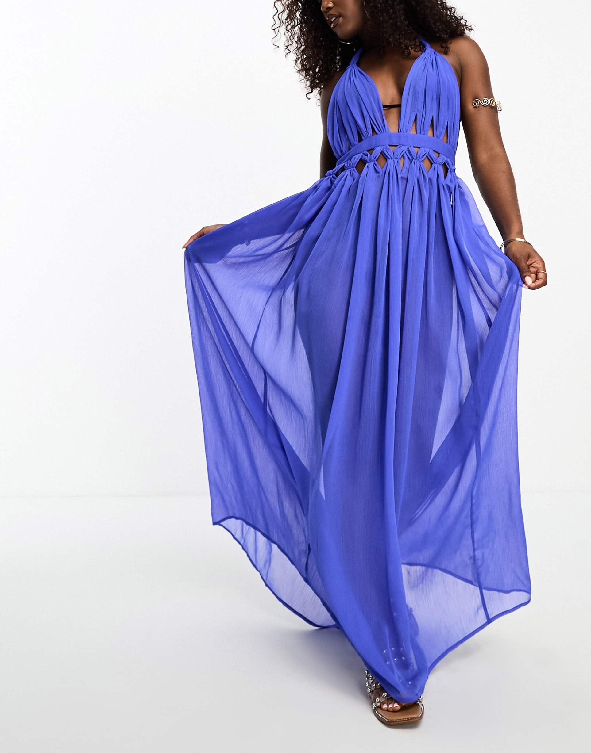 asos design sheer lattice maxi beach dress in cobalt blue