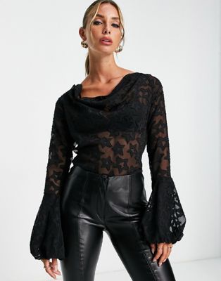 ASOS DESIGN sheer long sleeve blouse with cowl neck and bell sleeve detail in black burnout star
