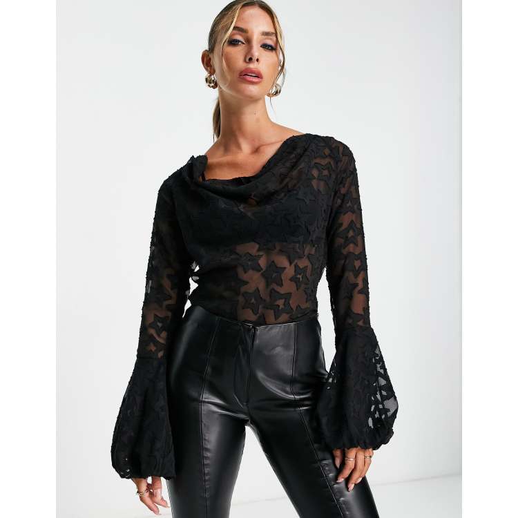 ASOS DESIGN sheer long sleeve blouse with cowl neck and bell sleeve detail in black burnout star