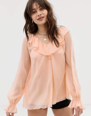 ASOS DESIGN long sleeve sheer blouse with ruffle frill detail and