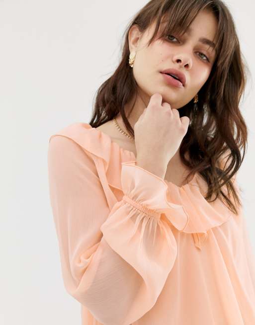 ASOS DESIGN sheer long sleeve blouse with ruffle detail and cami