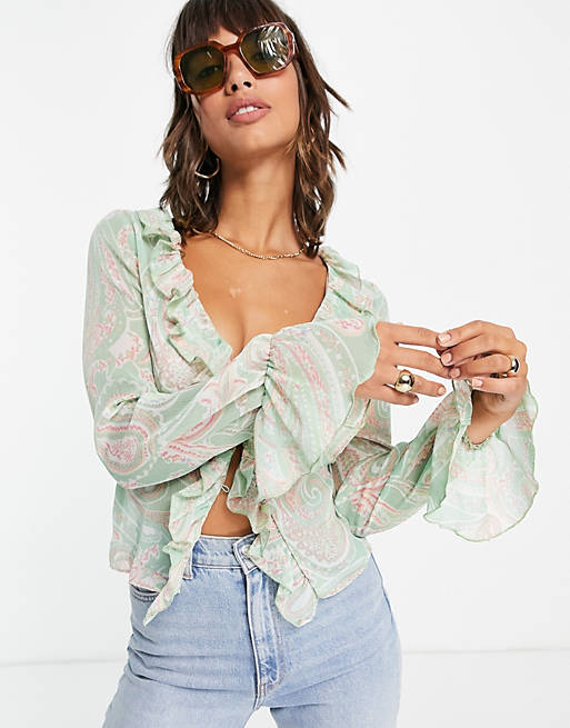 Tops Shirts & Blouses/sheer long sleeve blouse with ruffle detail in paisley print 