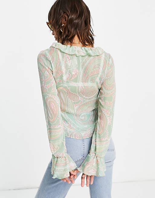 Tops Shirts & Blouses/sheer long sleeve blouse with ruffle detail in paisley print 