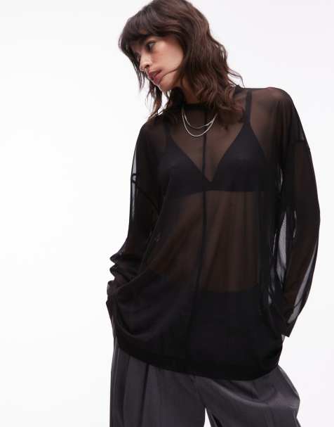 ASOS DESIGN sheer long sleeve boxy top with seam detail in black - view 1