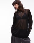 [ASOS DESIGN] ASOS DESIGN sheer long sleeve boxy top with seam detail in black S BLACK