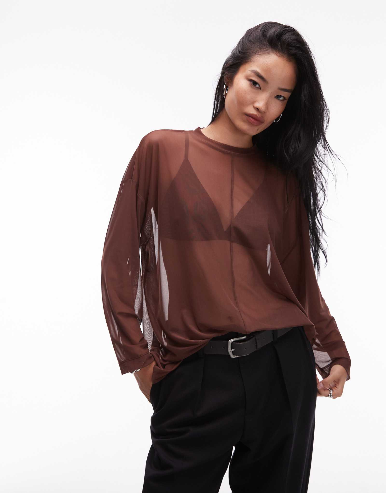 Облегающий топ ASOS DESIGN из прозрачного материала с длинными рукавами и деталями в виде швов коричневого цвета