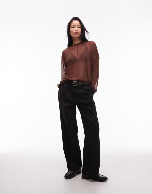 ASOS DESIGN sheer long sleeve boxy top with seam detail in brown