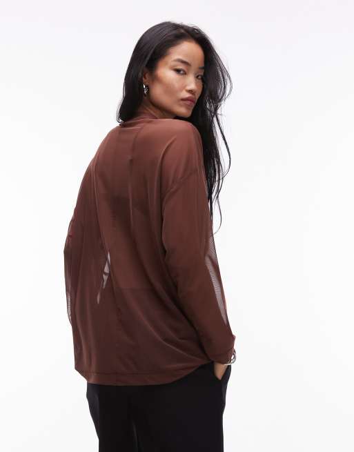 ASOS DESIGN sheer long sleeve boxy top with seam detail in brown, 3 of 4