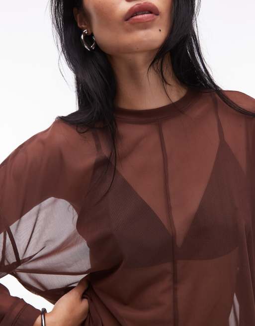 ASOS DESIGN sheer long sleeve boxy top with seam detail in brown