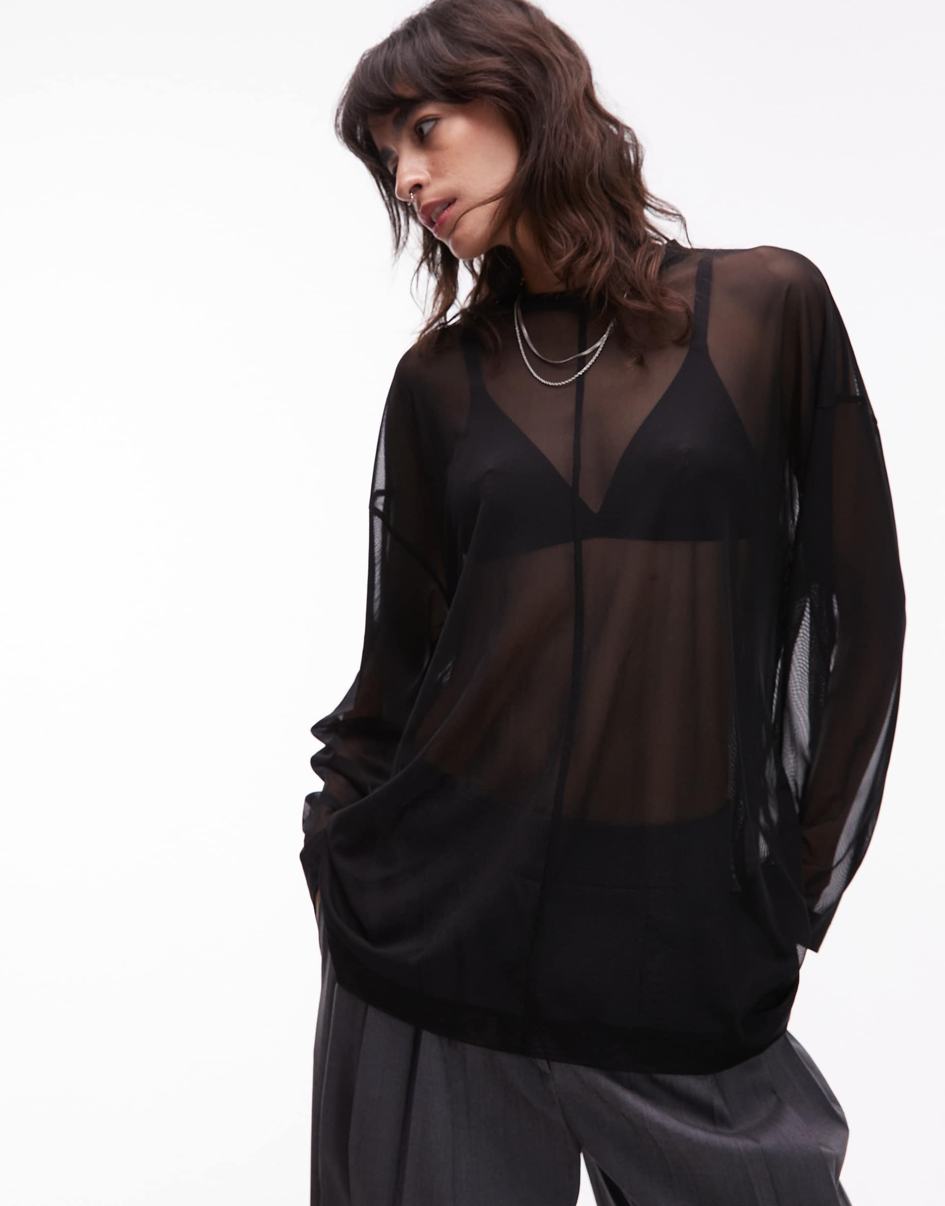 asos design sheer long sleeve boxy top with seam detailing in black