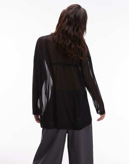 ASOS DESIGN sheer long sleeve boxy top with seam detailing in black