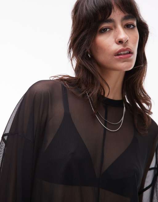 ASOS DESIGN sheer long sleeve boxy top with seam detailing in black