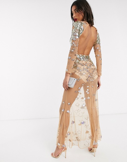 ASOS DESIGN sheer long sleeve embellished maxi dress with open back