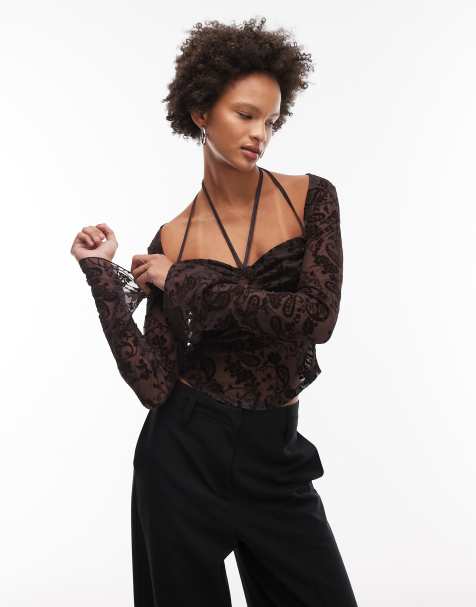 ASOS DESIGN sheer long sleeve floral top in chocolate