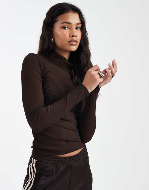 ASOS DESIGN sheer long sleeve funnel neck top in chocolate - view 1
