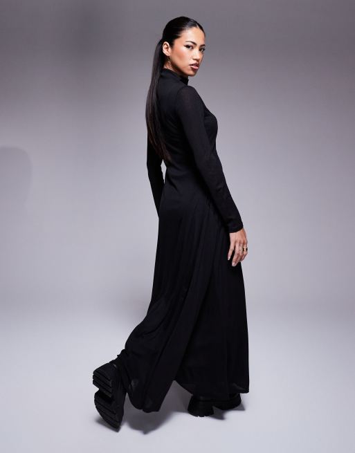 ASOS DESIGN sheer long sleeve maxi dress with godet inserts in black ASOS