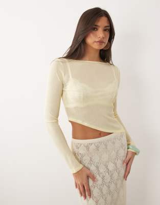Asos Design Sheer Long Sleeve Top With Asymmetric Hem In Neutral