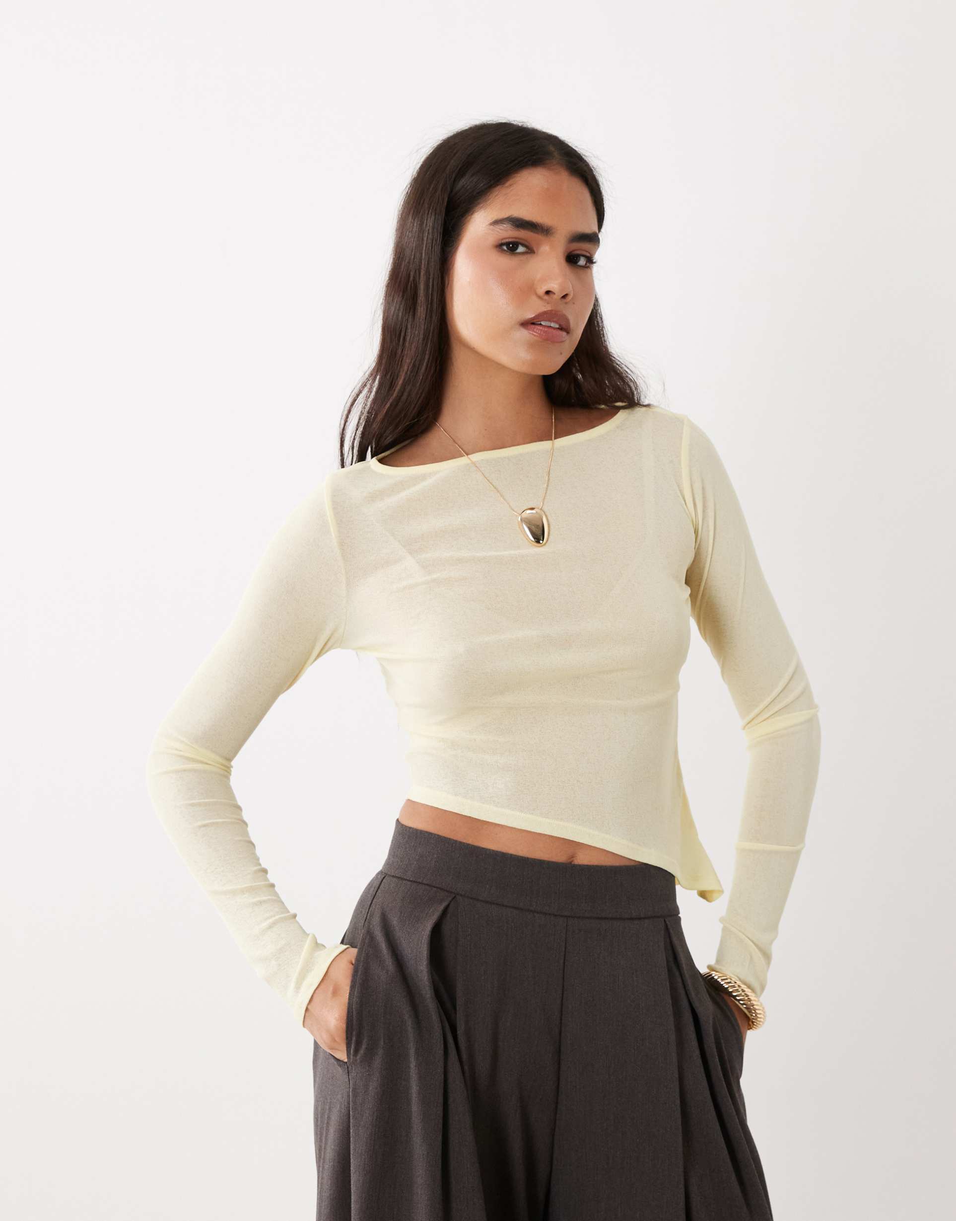 asos design sheer long sleeve top with asymmetric hem in buttermilk