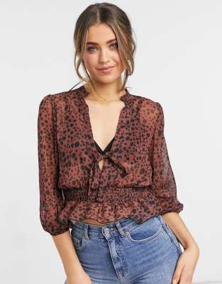 ASOS DESIGN sheer long sleeve top with shirred waist in splotch print-Multi