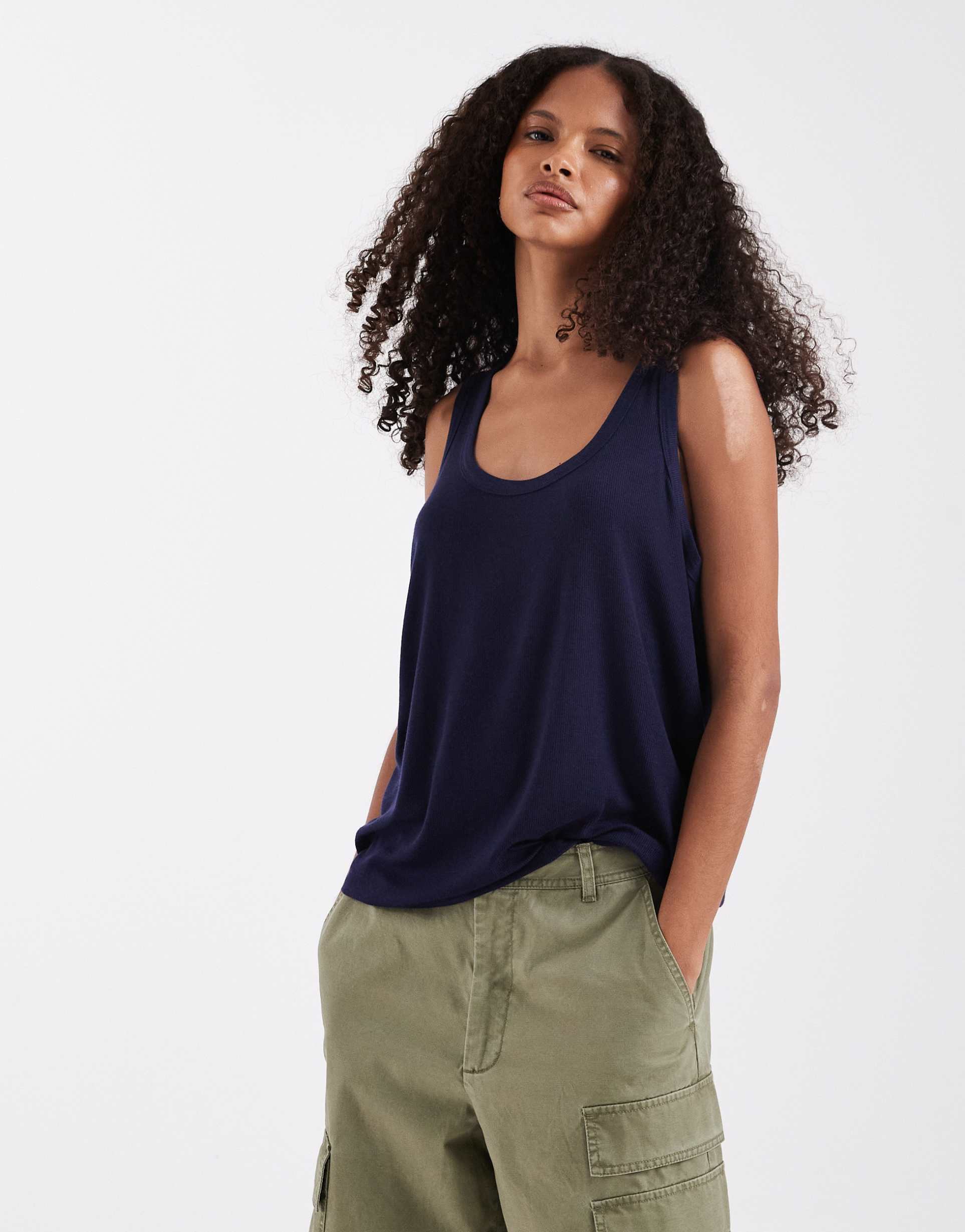 asos design sheer loose fit scoop neck tank top in blue