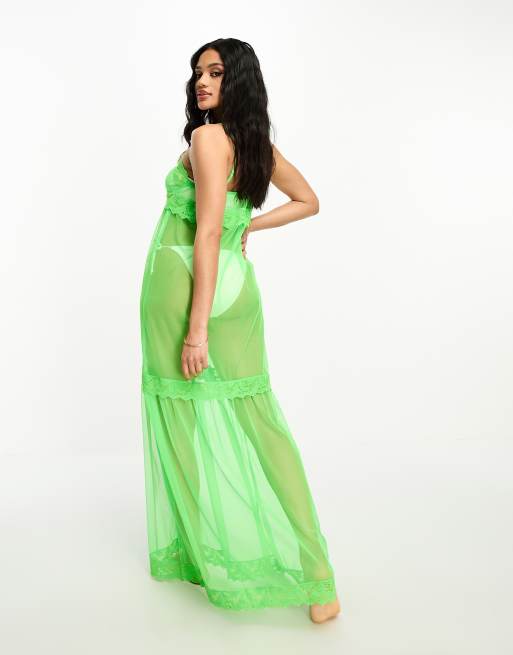 ASOS DESIGN sheer maxi beach dress with lace detail in neon green